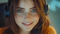 Young Caucasian woman with bright blue eyes wearing headset and orange sweater smiling at camera in warm evening light, representing customer service and online communication.