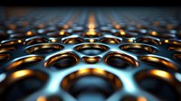 Abstract metallic honeycomb surface with golden and blue light reflections creating depth and perspective, modern technological background pattern.
