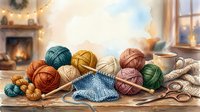 Colorful yarn balls and knitting needles arranged on a cozy table with fireplace and window backdrop, perfect for crafting and hobby projects.
