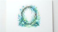 Watercolor wreath with turquoise and green foliage, isolated on white background, ready for design projects, invitations, and decorative applications.