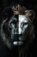 Majestic split-face lion portrait with golden crown and piercing blue eyes against dark background, combining black and white halves in artistic composition.