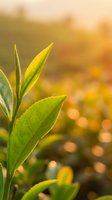 Fresh green tea leaves with pointed buds in soft golden sunlight, ideal for beverage, wellness, and organic product marketing materials.