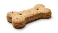 Dog treat bone-shaped biscuit made from whole grain flour with visible texture and holes, isolated on white background for pet food packaging and veterinary nutrition content.