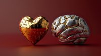 Metallic heart and brain on red background showing emotional and rational thinking concept, symbolic representation of feelings versus logic in decision making.