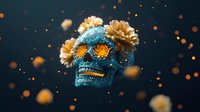 Decorative blue sugar skull with golden marigold flowers floating against dark background with bokeh lights. Mexican Day of Dead celebration art concept.