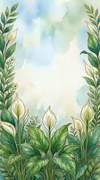 Watercolor botanical frame with green leaves and plants on soft blue background for wedding invitations, greeting cards and natural design projects.