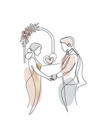 Minimalist line art of bride and groom holding hands under floral arch with heart symbol, wedding ceremony illustration in continuous drawing style.