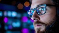 Young bearded Caucasian man in glasses illuminated by blue neon lights at night, side profile portrait with bokeh background and modern urban atmosphere.