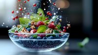 Fresh berries and granola splashing in glass bowl with yogurt, dynamic food composition with floating mint leaves and water drops for healthy breakfast.