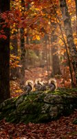 Three gray squirrels perched on a mossy rock in an autumn forest, surrounded by vibrant red and orange foliage and fallen leaves.