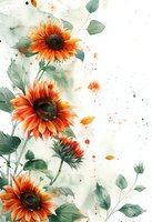 Vibrant orange sunflowers with sage green leaves on white background, watercolor splashes and artistic splatters create dreamy botanical composition for wall art and stationery.