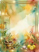 Watercolor vintage frame with mortar and pestle, herbs, spices, garlic, and citrus on aged paper background. Suitable for recipe cards, cooking blogs, wellness packaging.