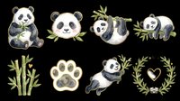 Cute panda bear clipart set with bamboo, paw print, and wreath, isolated on transparent background. Great for nursery prints, stickers, t-shirt design, and cards.
