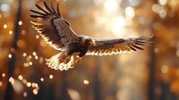 Majestic eagle soaring with outstretched wings against golden bokeh forest background at sunset, symbolizing freedom and wilderness.