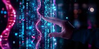 Finger touching glowing DNA helix structure with digital code streams in dark blue background, futuristic genetic research and biotechnology concept.