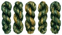 Five skeins of twisted yarn in shades of green and gold, isolated on white background, ready for knitting, crochet, and craft design projects.