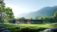 Modern minimalist glass house with panoramic windows nestled in mountain valley landscape, surrounded by lush greenery and morning mist at sunrise.