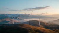Wind turbines on rolling hills at sunset, generating renewable energy against mountainous landscape in golden evening light with layered misty valleys.