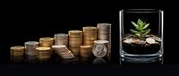 Financial growth concept with stacked coins and green plant in glass container on dark background representing investment and prosperity.