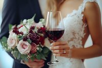 Bride in lace wedding dress holding red wine glass with engagement ring, wedding bouquet with pink roses and burgundy flowers in soft romantic lighting.