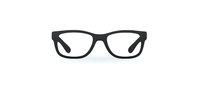 Classic black eyeglasses with rectangular frames isolated on white background, suitable for optical store advertising and vision care concepts.