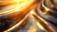 Shimmering golden metallic mesh fabric with flowing waves and folds creates dramatic light effects and luxurious texture for fashion and luxury backgrounds.