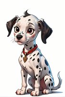 Cute spotted puppy with big eyes and red collar sitting in cartoon style on white background, isolated character for children book illustrations and design projects.