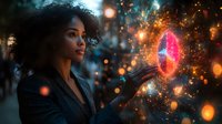 Young African American businesswoman in black blazer interacting with glowing pink holographic sphere surrounded by magical light particles and bokeh effects in evening setting.