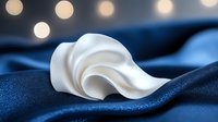 White cream swirl on blue fabric with bokeh lights background for skincare and cosmetic product advertising campaigns.