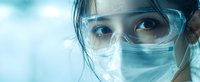 Young Asian female medical professional wearing protective face mask and safety goggles in clinical environment with blue toned lighting creates healthcare atmosphere.