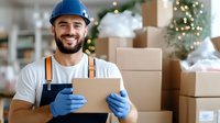 Caucasian male delivery worker in protective gear holding clipboard among cardboard boxes during holiday season, smiling at camera in warehouse setting.
