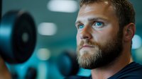 Bearded athletic Caucasian man with intense blue eyes looking focused during workout at gym. Fitness equipment and weights blurred in background creates dramatic sports atmosphere.