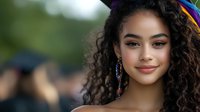 Young mixed race woman with natural curly hair and colorful accessories smiling outdoors, expressing joy and confidence against blurred background.