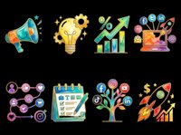 Megaphone, lightbulb, growth chart, laptop with social media icons, network diagram, checklist, tree with social icons, and rocket with analytics. Isolated on transparent background, ready for t-shirts, clipart, stickers, and print-on-demand designs.