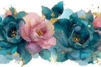 Luxurious watercolor floral arrangement in teal and blush pink with gold splatter accents, featuring full blooming roses and decorative foliage on white background.