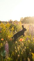 Rabbit silhouette jumping through wildflower meadow at golden hour sunset with lupines and poppies in natural countryside landscape.