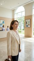Professional middle-aged Caucasian businesswoman in beige blazer standing in modern office lobby with natural lighting and contemporary architecture.