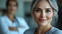 Mature woman with silver gray hair and natural makeup smiling confidently at camera, wearing casual gray top, with blurred female figure in background.