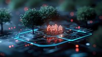 Glowing miniature house on digital circuit board with trees, neon blue light paths and bokeh effects creating futuristic smart home technology concept.