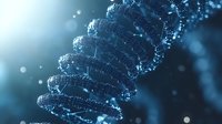 Glowing blue DNA helix structure with particles and bokeh effects on dark background, representing genetic research and biotechnology advancement in medicine.