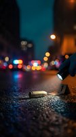 Crime scene investigation with flashlight illuminating bullet casing on urban street at night with colorful bokeh lights creating dramatic atmosphere.