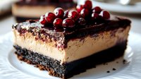 Decadent chocolate layered dessert bar topped with fresh cranberries on white plate, rich mousse cake slice with dark chocolate glaze and berry garnish.