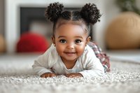 Cheerful African American baby girl with curly hair buns lying on carpet, wearing white long sleeve shirt and plaid pants, smiling at camera. Natural indoor lighting.