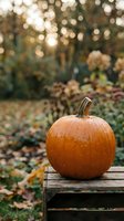 Orange pumpkin on a rustic wooden crate in an autumn garden with bokeh sunlight, fallen leaves, and seasonal foliage in the background.