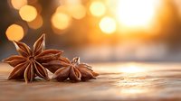 Star anise pods on wooden surface with warm golden bokeh background creating cozy autumn atmosphere, macro food photography for culinary designs.