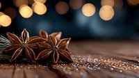 Star anise pods on rustic wooden surface with golden bokeh lights in background, aromatic spice macro photography with shallow depth of field.