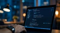Software developer programming on laptop computer in modern office workspace with coding interface and dark theme editor at night.