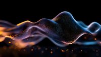 Glowing particle wave with orange and blue light effects on black background, flowing abstract digital art visualization with bokeh elements.
