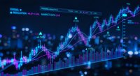 Financial trading interface with glowing candlestick charts and market data analytics on dark background for investment presentations and reports.