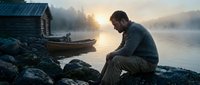 Contemplative man sitting on rocky shoreline at misty lake during golden hour sunrise with wooden boat and rustic cabin creating peaceful solitude scene.